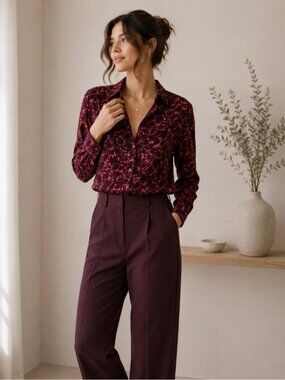 Equipment Abstract Print Button Down Blouse Burgundy Silk Shirt Small 0647